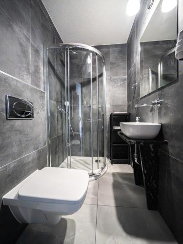 a bathroom with a shower and a toilet and a sink at Tośka2 Murzasichle in Murzasichle