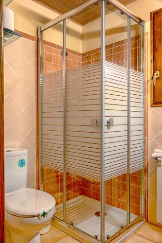a shower stall with a toilet in a bathroom at Fonda Angeleta in Valderrobres