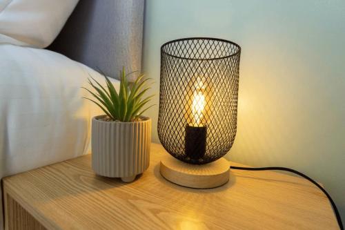 a lamp on a table with a potted plant on it at 3 Bed House 9 mins walk to Anfield Sleeps 7 in Liverpool