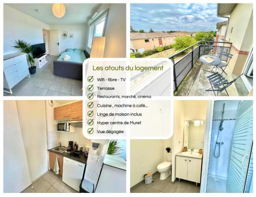 un collage de fotos de un apartamento en " Le nid de Peyramont " Centre ville - Balcon - WiFi, en Muret