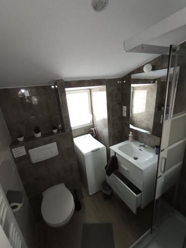 une petite salle de bain avec toilettes et lavabo dans l'établissement maison de ville, à LʼAiguillon-sur-Vie
