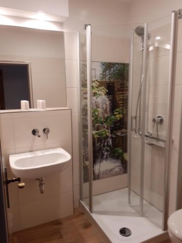 a bathroom with a shower and a sink at Gästehaus Stillecke in Erwitte
