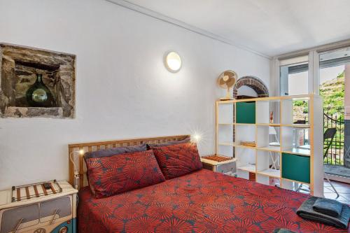 Un dormitorio con una cama y una estantería. en Casestate Manarola, en Manarola