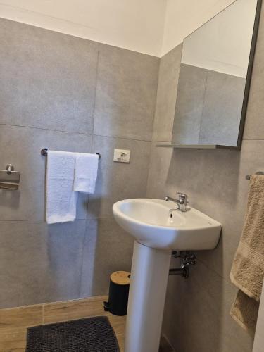 a bathroom with a sink and a mirror and towels at B&B La Casetta di Cecè in Celano