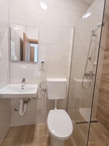 a bathroom with a toilet and a sink and a shower at Apartments Kata in Neum