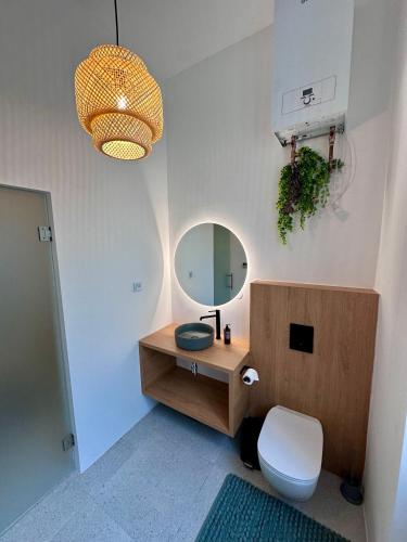 a bathroom with a sink and a mirror at Spacious Designer Apartment in heart of the town in Maribor