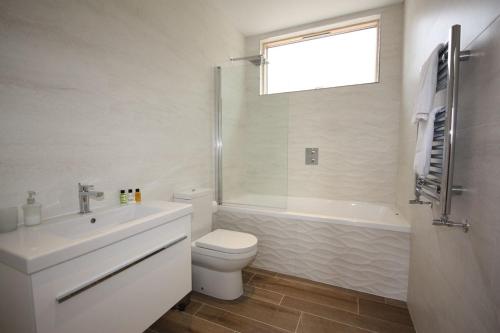 a bathroom with a toilet and a sink and a shower at House 47 in Talland