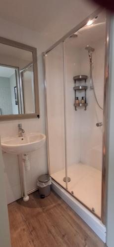 a bathroom with a shower and a sink at De Âlde Bibleteek in Burgum