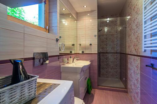 a bathroom with a sink and a shower at Cyrhla przy szlaku in Zakopane