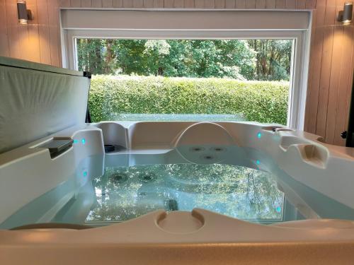 a swimming pool in a house with a window at Gîte 829 Montagnes du Jura avec Spa et Sauna classé 3 étoiles in Foncine-le-Haut