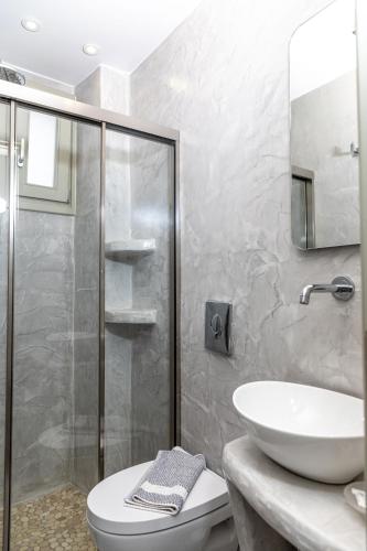 a bathroom with a shower and a toilet and a sink at Depis castle in Naxos Chora