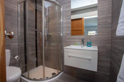 a bathroom with a shower and a sink and a toilet at Southside Flat with Private Garden! in Glasgow