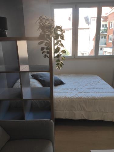 Un dormitorio con una cama y una planta delante de una ventana. en Intimissime, en Dunkerque