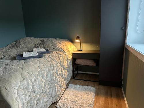 a bedroom with a bed and a desk with a lamp at Apartment in Tromsø in Tromsø