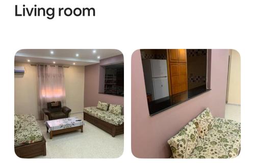 Twee foto's van een woonkamer met een bank en een stoel. bij Birkhadem Openspace in Alger