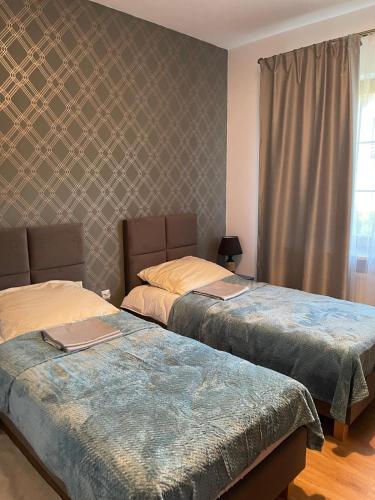 a bedroom with two beds and a window at Warmińskie Lokum in Woryty