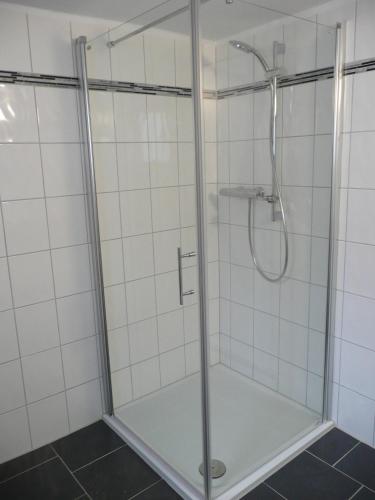a shower with a glass door in a bathroom at Ferienhaus Kruk in Hergarten