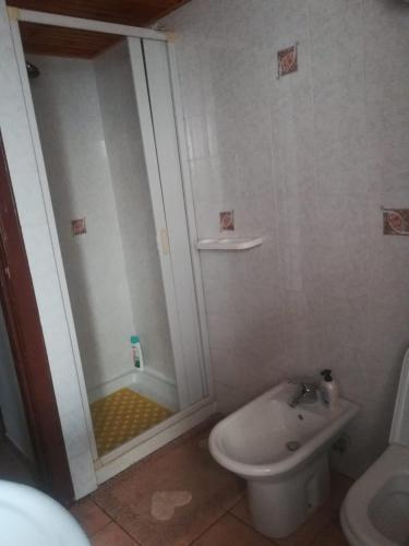 a bathroom with a shower and a toilet and a sink at mansarda fiorita in Abatemarco