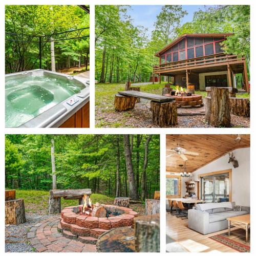 a collage of pictures of a house and a pool at Cabin w New Hot Tub, River, Kayak, WiFi, & Fire Pit in Morton Grove