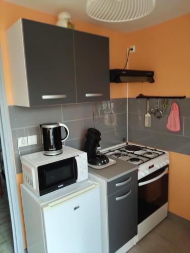 a kitchen with a stove and a microwave at La Roseraie in Yvetot Bocage