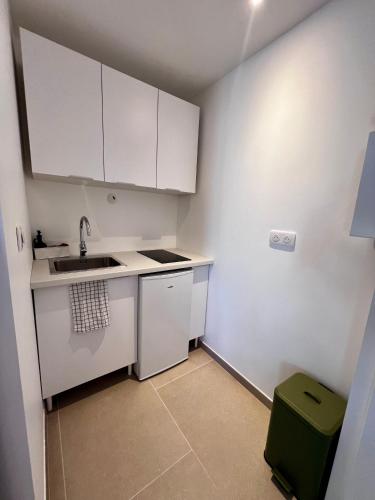 a small kitchen with white cabinets and a sink at Studio Avignon MONTFAVET in Avignon