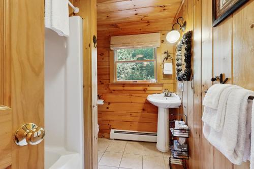 a bathroom with wooden walls and a sink and a window at The Den In Franconia in Franconia