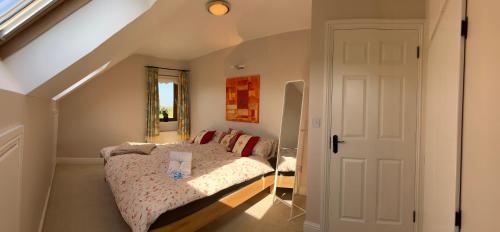 a bedroom with a bed and a white door at Lake View Doubleroom&private Bath in Castlebar