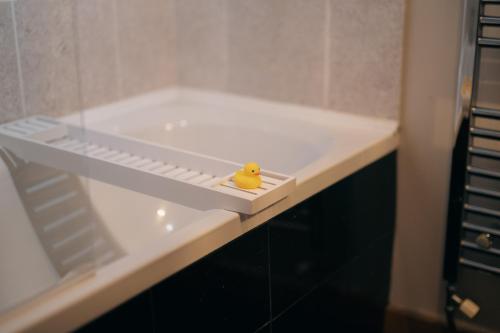 a rubber duck sitting on a shelf in a bathroom at The Old Mill at Barnacre - Cosy cottage with private hot tub & pool access in Wirral