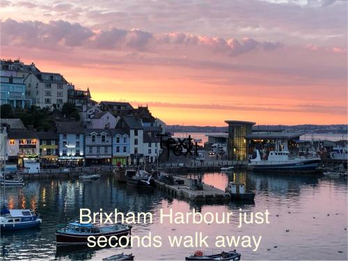 eine Gruppe von Booten in einem Hafen bei Sonnenuntergang in der Unterkunft "FISHERMAN'S" Seconds from the Harbour & town centre with unlimited free parking nearby in Brixham
