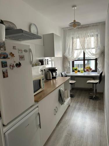 a kitchen with a refrigerator and a counter top at Sunny Hostel 49 in Wrocław