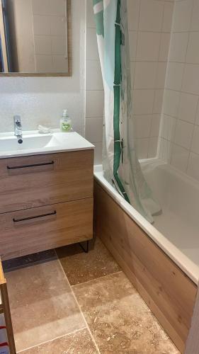 une salle de bain avec un lavabo et un rideau de douche dans l'établissement Bienvenue chez Stéphane et Marina, à Gallargues-le-Montueux