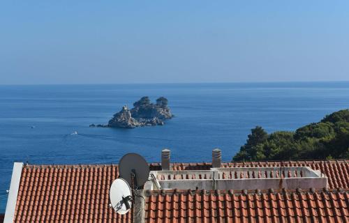 a view of an island in the ocean from a roof at Vila Apartments Lidija in Petrovac na Moru