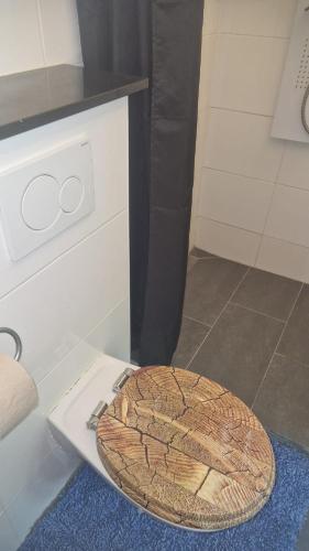 a toilet seat sitting on the floor in a bathroom at WOHLFÜHLOASE - Zimmer, Appartment - im Herzen STARNBERGS in Starnberg