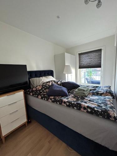 a bedroom with a large bed and a television at Moderne leilighet i Lørenveien in Oslo