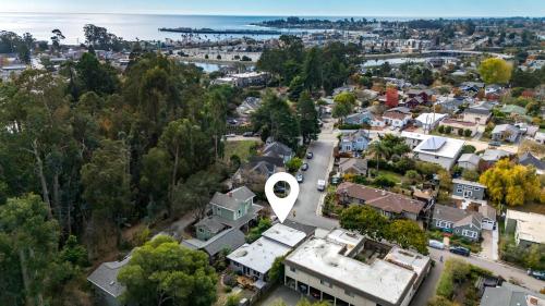 an aerial view of a residential neighbourhood with a large white circle at Seabright Breeze in Santa Cruz
