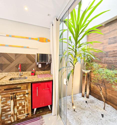 a kitchen with a potted plant in the corner at Navega Hotéis in Navegantes