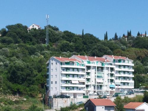 a large white apartment building on the side of a hill at Topla Heat Apartman in Herceg-Novi