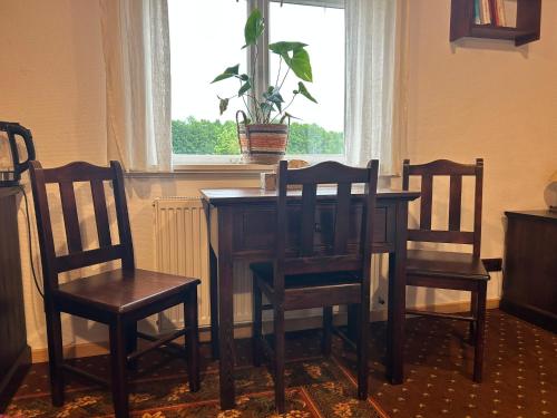 a table with three chairs and a table and a window at Leśne PoBudki in Białowieża