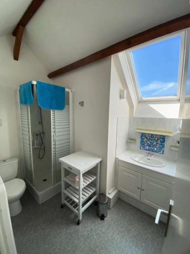 La salle de bains est pourvue d'un lavabo, de toilettes et d'une fenêtre. dans l'établissement Résidence Malt-40-pornichet - Location de Vacances - PORNICHET - Maison - 047-60615 MAE-2481, à Pornichet