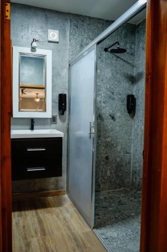 ein Badezimmer mit Dusche, Waschbecken und Spiegel in der Unterkunft Hippie Fish Hostal in Holbox