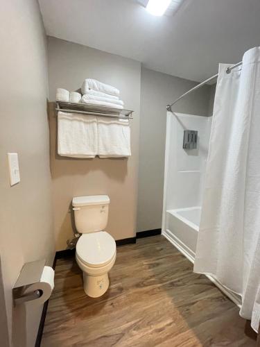 a bathroom with a toilet and a shower at Four Seasons Inn in Gallipolis