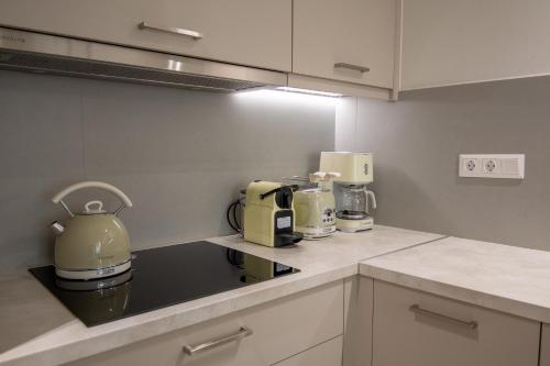 a kitchen with some appliances on a counter at Aigis Skiathos in Skiathos Town
