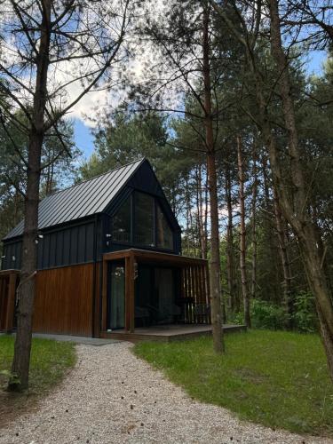 a black and wooden house in the woods at DOMEK LABA CHAŃCZA nad zalewem, domek w lesie z opcją balii NA WYŁĄCZNOŚĆ, ANTRESOLA in Życiny