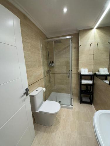 a bathroom with a shower and a toilet and a sink at El Capricho de la ría II in O Grove