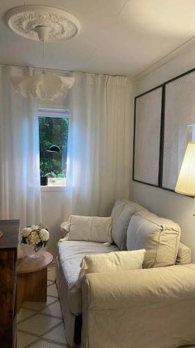 a living room with a couch and a window at Havssnäckan - Nordic Stay Strömstad in Strömstad