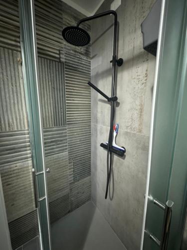 a shower in a bathroom with a glass door at La casina di Stellatattoo in Crotone