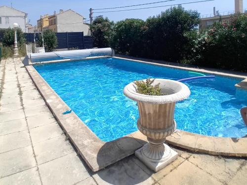 une piscine avec un planteur en face de celle-ci dans l'établissement Bas de villa avec jardin piscine clim proche plages calanques, à Marseille