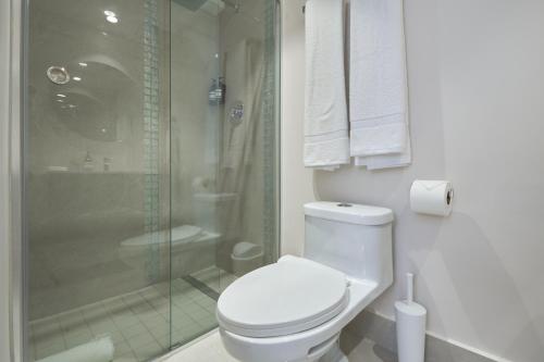 a white bathroom with a shower and a toilet at AmazINN Places Luxury Villa El Cangrejo in Panama City