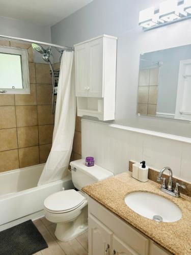 a bathroom with a sink and a toilet and a bath tub at Fully Furnished, Contractor-friendly,4Beds, Free Parking&Laundry, Corporate Housing in Thompson