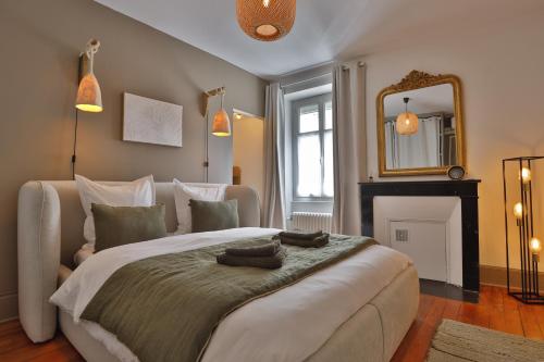 a bedroom with a large bed and a mirror at Le Jardin d'Anatole - Parking - Haut Standing in Châteauroux